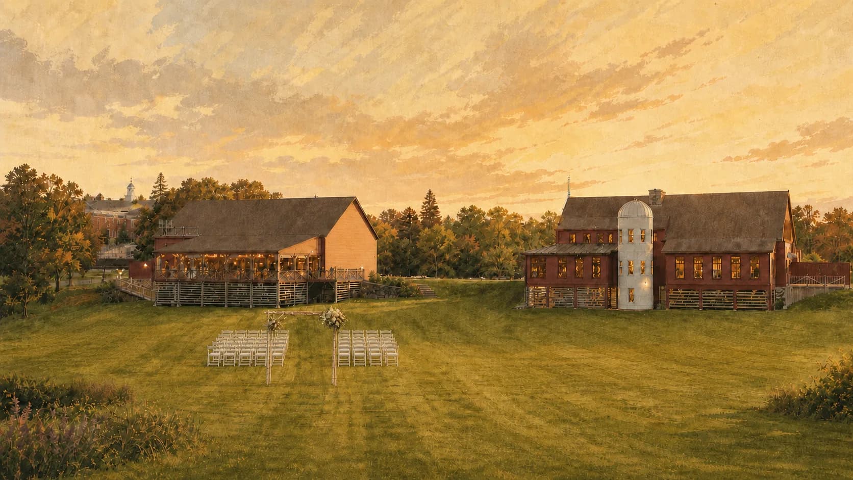 The barns at Gibbet Hill overlooking the ceremony lawn at sunset.